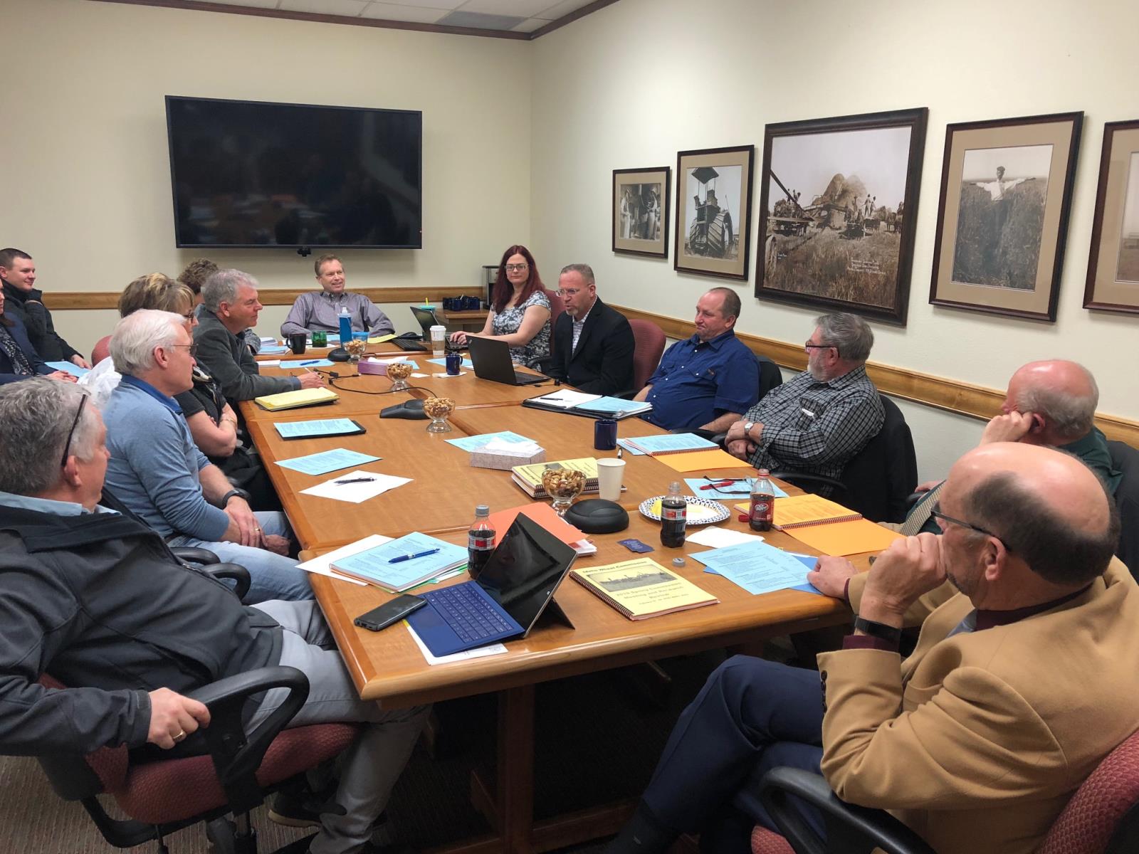 Idaho Wheat Commission Executive Director Blaine Jacobson, top center, leads an IWC meeting last year. Like Jacobson, leaders and employees of the state’s farm commissions and agriculture-related organizations are still working during the coronavirus lockdown, but mostly from home. 