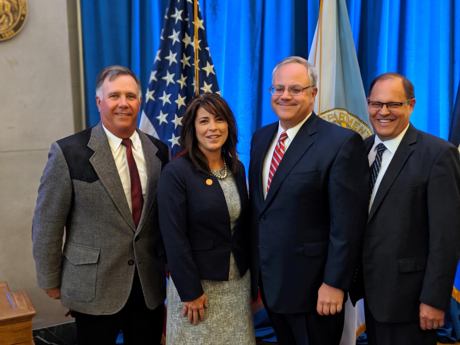 From right to left, Idaho Farm Bureau Federation President Bryan Searle, U.S. Secretary of the Interior David Bernhardt, Arizona Farm Bureau Federation President Stefanie Smallhouse and Nevada Farm Bureau Federation President Bevan Lister are shown at a signing ceremony Aug. 12 where the Department of Interior announced changes in how the Endangered Species Act is implemented.