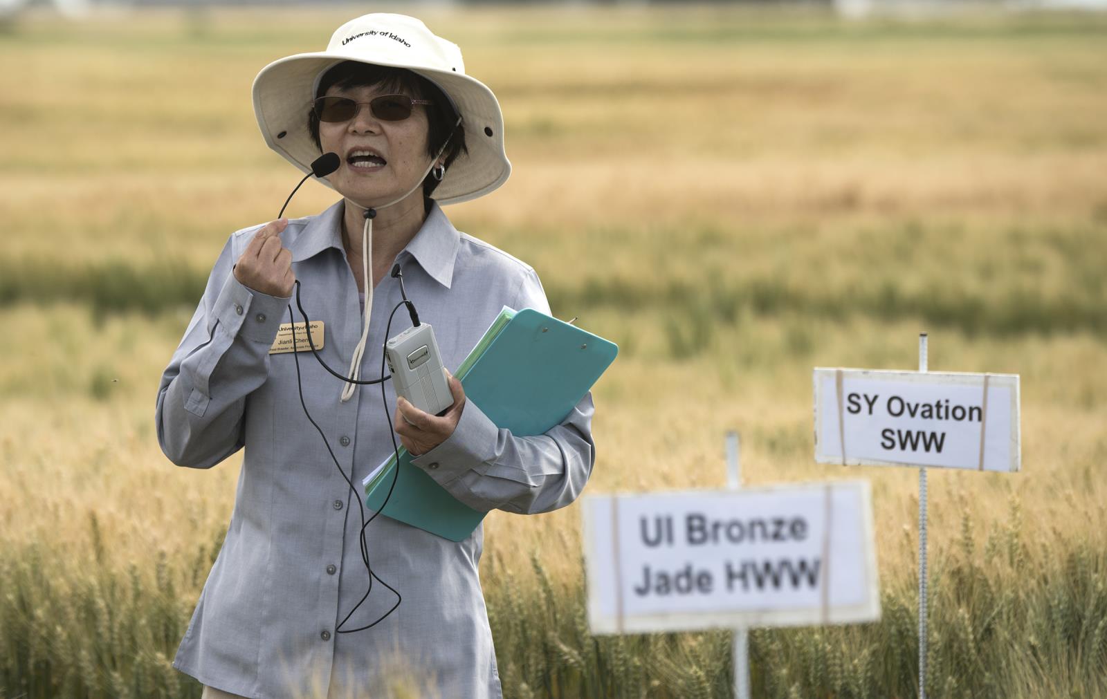 University of Idaho wheat breeder Jianli Chen speaks at the Aberdeen barley and wheat tour in July. Chen has been developing new hard white wheat varieties that can out-yield many hard red varieties.