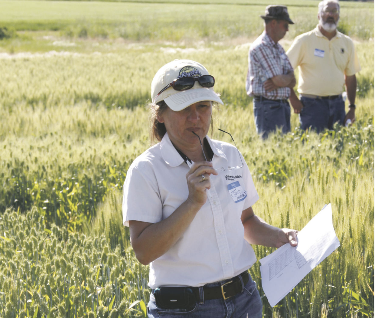 Juliet Marshall of the University of Idaho’s College of Agricultural and Life Sciences, inspects a field at the UI’s Parker Farm west of Moscow.