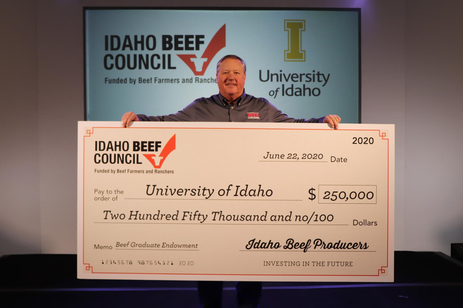 Idaho Beef Council Chairman Jeff Johnson holds a check for $250,000 that will establish a beef research endowment at the University of Idaho. The IBC, which is funded by Idaho cattle ranchers, announced the gift Jan. 12. 