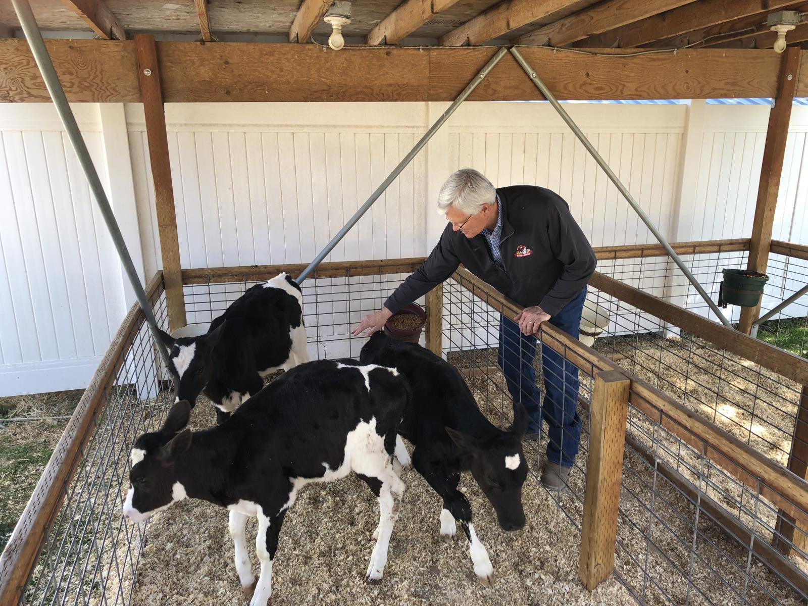 Reed’s Dairy owner Alan Reed pets triplets, all girls, that were born at the dairy on Feb. 23. 