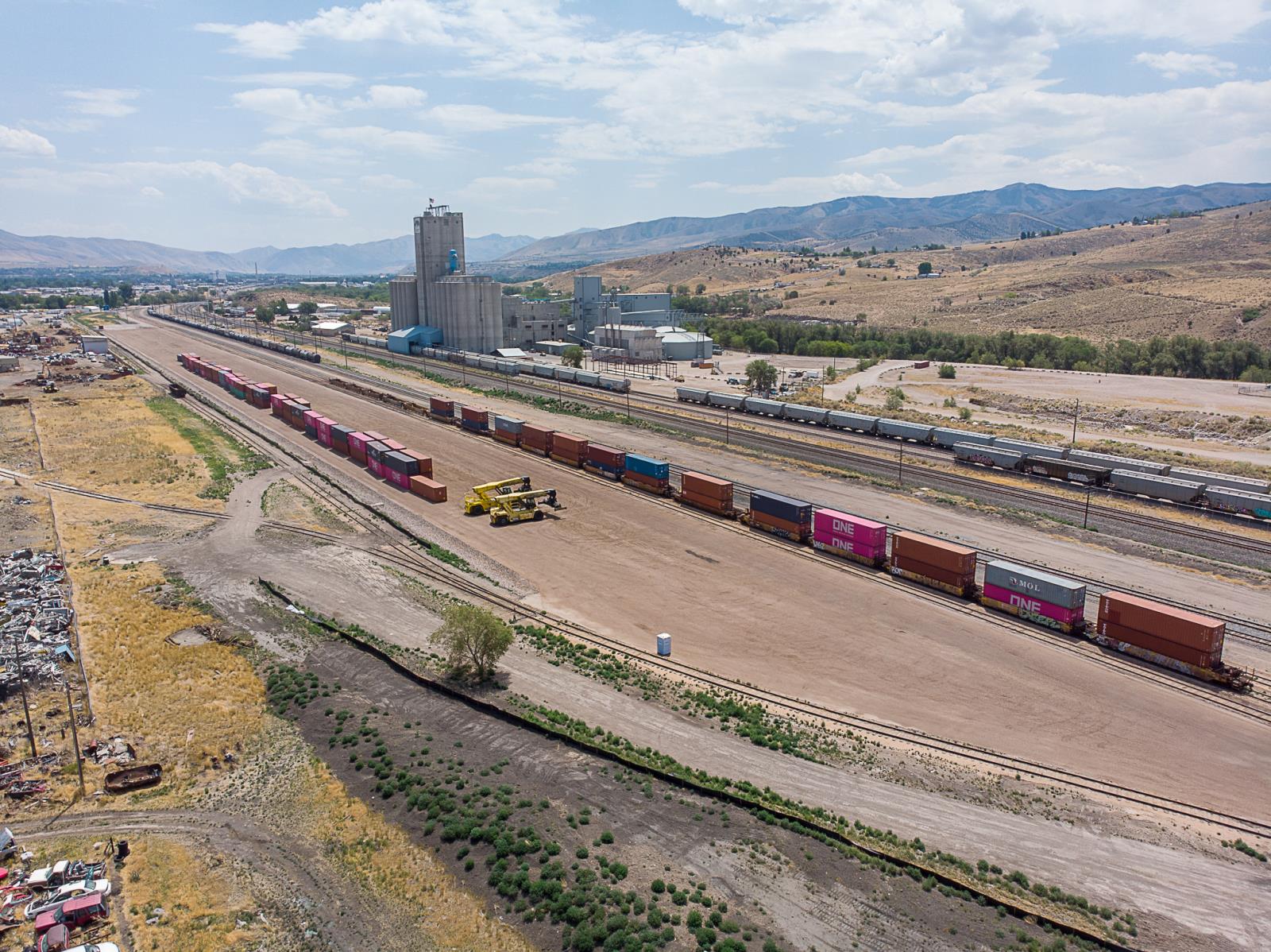 This is an aerial view of Savage’s intermodal facility in Pocatello, which loads shipping containers of ag commodities onto Union Pacific rail cars destined for West Coast ports in Washington.
